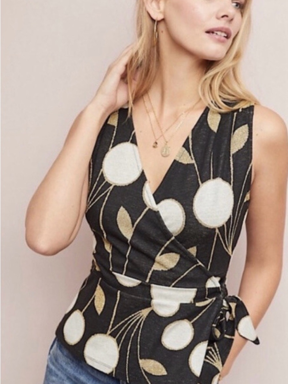 Anthropologie Maeve Wrap Knit Top in Black and Gold Size Large